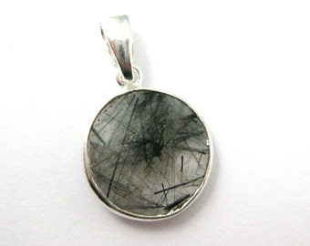 Bezel Pendant with Bail- Black Rutilated Quartz Gemstone - Sterling Silver Round Coin Gem, Bezel Necklace Pendant -24mm-SKU: 601111-BRQ