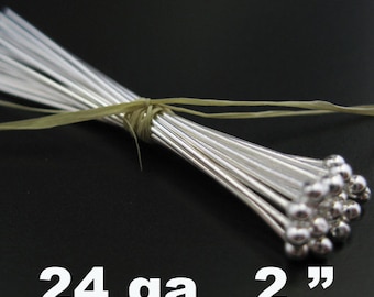 Headpins-Sterling Silver Head Pins, Ball End 24 gauge, 2 inch, Jewelry Findings Supplies- Sterling Silver Findings ( 50 pcs) SKU:204403-2420