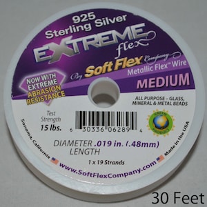 Extreme Flex - 19 hebras - Plata de ley 925 - Alambre para enhebrar - Suave y flexible - 0,019 pulgadas - Mediano - 30 pies - sku: 501041-SILVER19-30