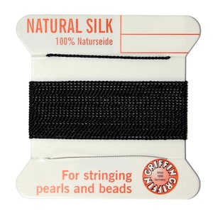 Griffin Silk Beading Cord with Needle - 2 Meters - Size 2 - 0.45mm Diameter - Black - Stringing Beads, Pearls, etc.  - SKU:501037-BLK2