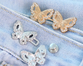 Alfileres de broche con ojal para pantalón/falda: hebilla de cintura con tachuelas de mariposa y diamantes, cierre de cintura con broche para cárdigan, sin costuras, cierre para capa de festival.