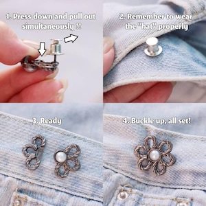 Puede incluir: Botones de jean plateados con centro de perla, mostrados en varias etapas de fijaci&oacute;n. La imagen incluye instrucciones: "1. Presiona hacia abajo y tira simult&aacute;neamente !!", "2. Recuerda usar el "sombrero" correctamente", "3. Listo", y "4. &iexcl;Abr&oacute;chate, todo listo!"