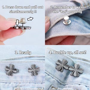 Może przedstawiać: Czteroczęściowy obraz instruktażowy pokazujący, jak używać metalowych guzik&oacute;w do dżins&oacute;w w kształcie koniczyny. Kroki to: naciśnij, wyciągnij, noś "kapelusz" prawidłowo i zapnij. Srebrne guziki są przymocowane do dżinsu.