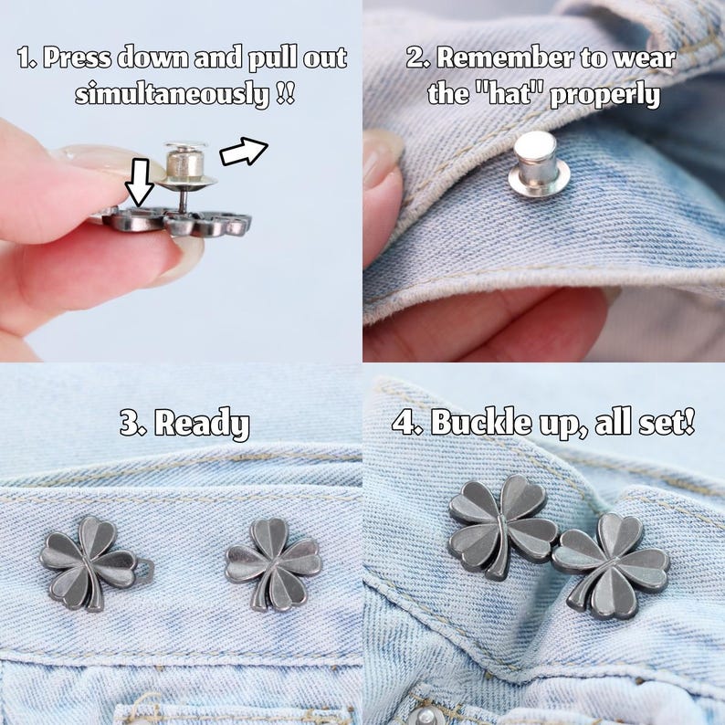 Może przedstawiać: Czteroczęściowy obraz instruktażowy pokazujący, jak używać metalowych guzik&oacute;w do dżins&oacute;w w kształcie koniczyny. Kroki to: naciśnij, wyciągnij, noś "kapelusz" prawidłowo i zapnij. Srebrne guziki są przymocowane do dżinsu.