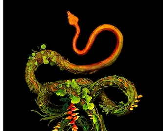 of escape and near misses III - 100% proceeds to charity - (tree boa snake with botanicals) - Original Giclee Edition Print - 13x19"