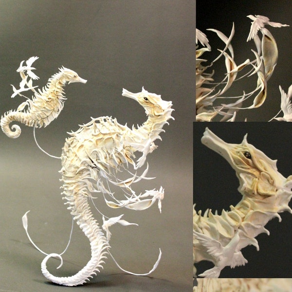 sea horse with birds- original handmade OOAK clay art sculpture