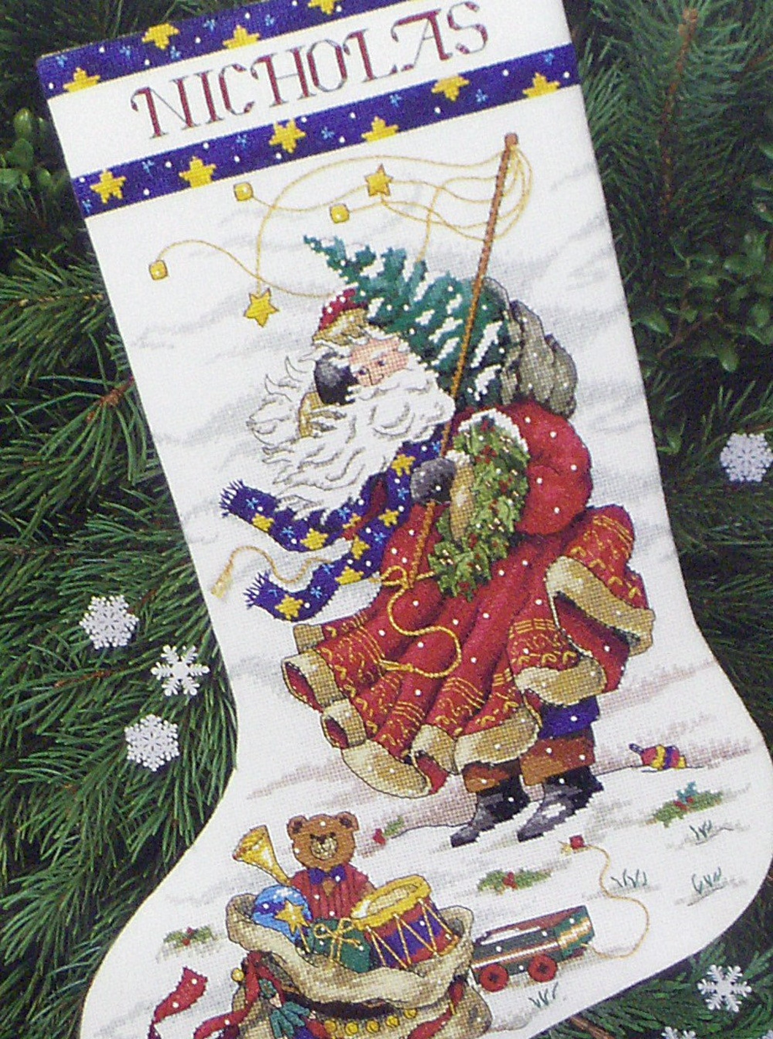 Windswept Santa Stocking cross stitch kit personalized beaded | Etsy