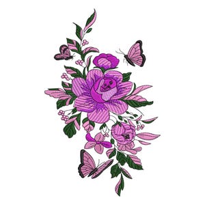Flower embroidery designs , Purple Floral and Butterfly machine Embroidery Design , Floral bouquet embroidery file