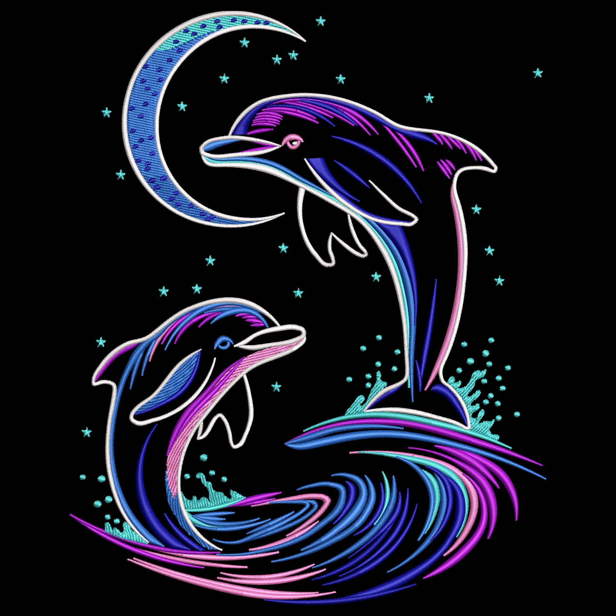 Neon Dolphin Embroidery Design – Ocean Night Theme
