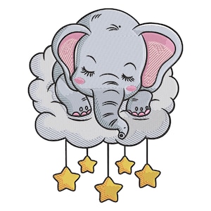 Sleeping Baby Elephant on Cloud Embroidery Design , Cute Elephant embroidery design, animals embroidery design,baby embroidery design