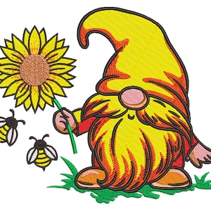 Nain avec un motif de broderie tournesol, motif de broderie Machine abeille nain