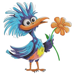 Funny Bird Embroidery Design, Colorful Cartoon Bird Holding Flower Machine Embroidery design , Cute Bird Embroidery File
