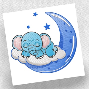 Design de bordado de elefante bebê fofo, Design de bordado de lua e estrelas de elefante, Design de bordado de máquina de animais