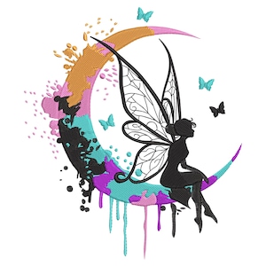 Moon Fairy Embroidery Design – Whimsical Fantasy Silhouette Machine Embroidery File