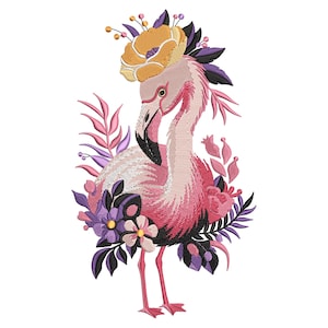 Floral Flamingo Embroidery Design – Tropical Bird with Flowers Bird Embroidery Design