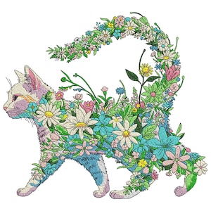 Floral Cat Embroidery Design, Animal Embroidery Design, Cat Machine Embroidery Design