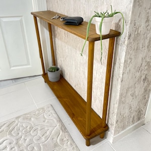 Table console étroite, grande table d'entrée, fin et long support de couloir, 2 niveaux en bois avec étagère de rangement, noyer, console Mid-Century