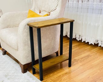 Rustic Narrow Side Table, Metal Leg Wooden Table  Living Room, Small Places, Bed Side Table for Nightstand for Books, Glass