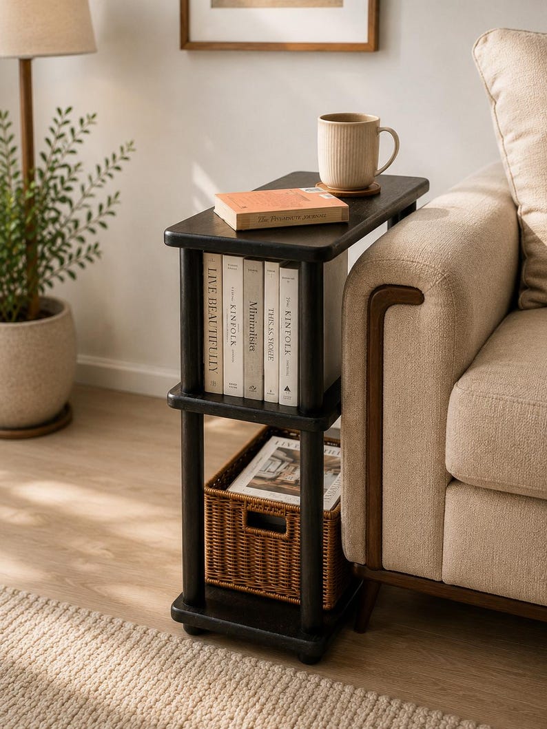 Solid Wood Narrow Couch Side Table, Narrow End Table, Handmade 3 Tier Sofa Table, Slim Bedside Nightstand, Pine Wood Small Space Furniture image 12