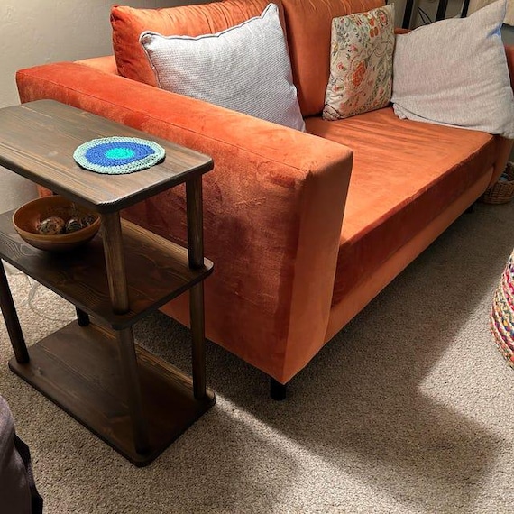 Walnut Narrow Side Table  3 tier Couch Small Places Natural Real Wood Narrow Side Table Living Room, Bed Side Table for Books