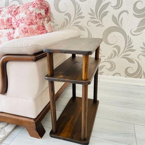 Small Places Natural Real Wood Narrow Side Table for Couch Living Room, 3 tier Bed Side Table for Nightstand for Books, Glass 10" width