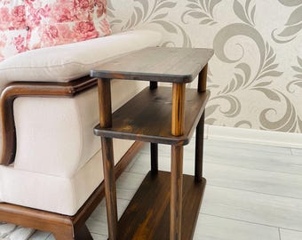 Small Places Natural Real Wood Narrow Side Table for Couch Living Room, 3 tier Bed Side Table for Nightstand for Books, Glass 10" width