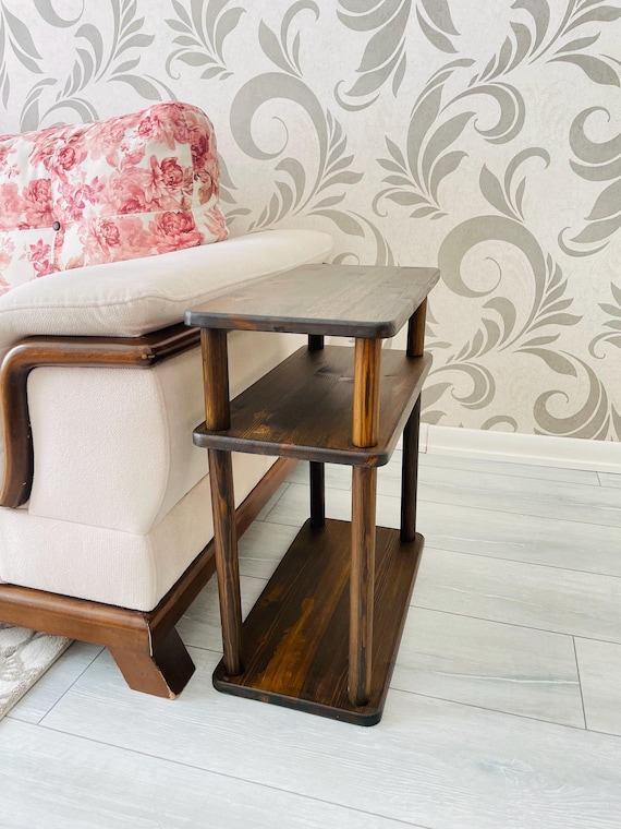 Small Places Natural Real Wood Narrow Side Table for Couch Living Room, 3 tier Bed Side Table for Nightstand for Books, Glass 10" width