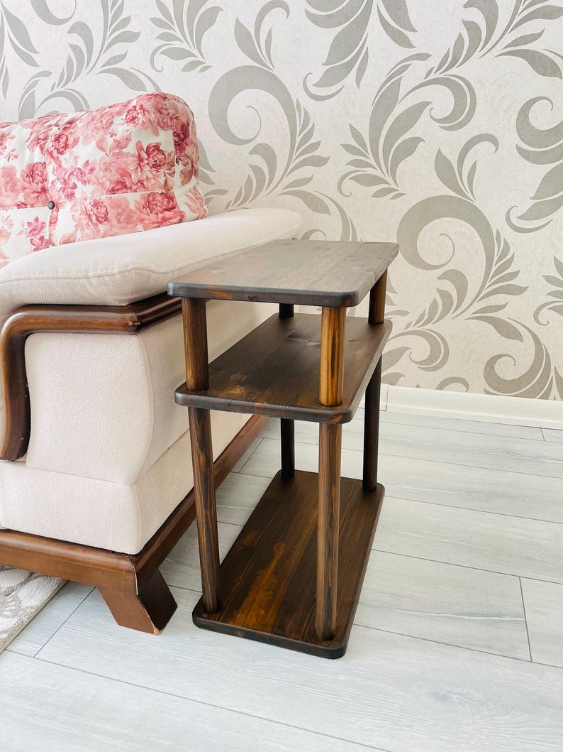 Small Places Natural Real Wood Narrow Side Table for Couch Living Room, 3 tier Bed Side Table for Nightstand for Books, Glass 10" width image 1