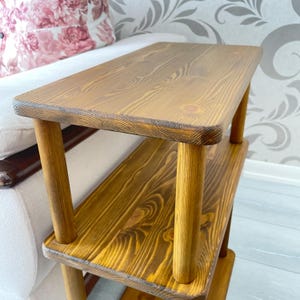 Small Places Natural Real Wood Narrow Side Table for Couch Living Room, 3 tier Bed Side Table for Nightstand for Books, Glass 10" width image 11