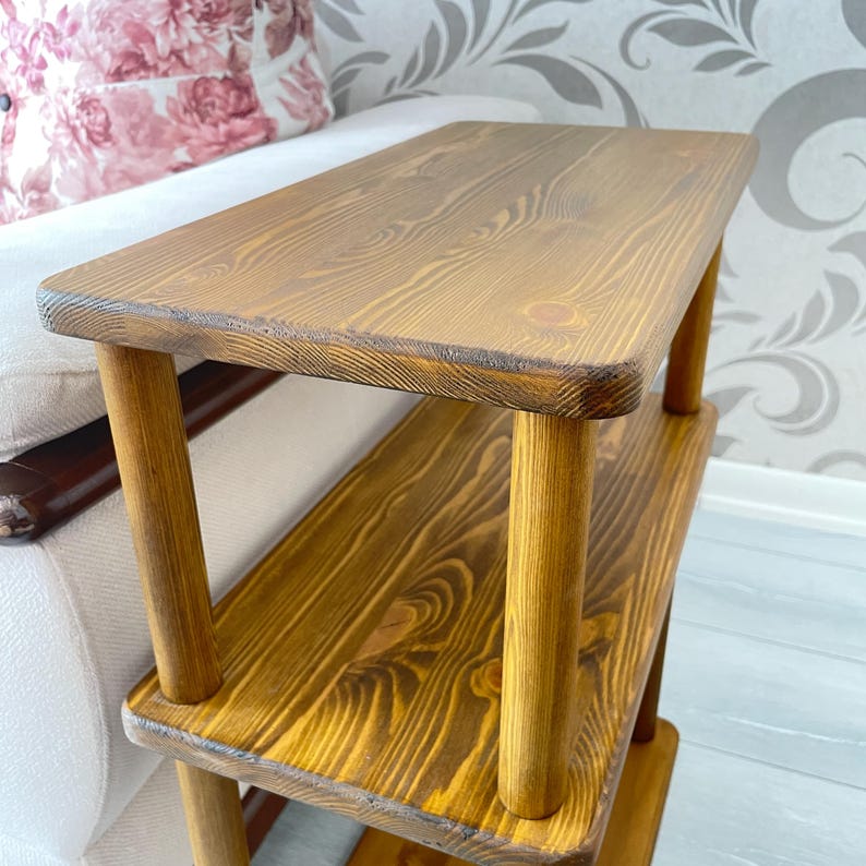 Small Places Natural Real Wood Narrow Side Table for Couch Living Room, 3 tier Bed Side Table for Nightstand for Books, Glass 10" width image 11