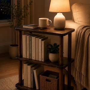 May include: A three-tier dark wood side table featuring rounded corners and cylindrical supports. The top surface holds a ceramic lamp with a beige shade, a mug, and a book. The shelves contain rows of books, a small potted plant, and a woven basket.