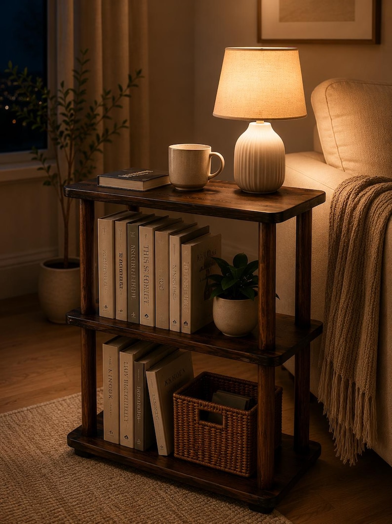 May include: A three-tier dark wood side table featuring rounded corners and cylindrical supports. The top surface holds a ceramic lamp with a beige shade, a mug, and a book. The shelves contain rows of books, a small potted plant, and a woven basket.