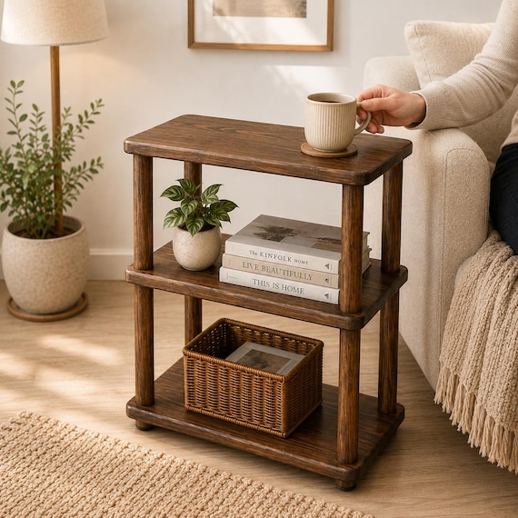 Solid Wood  Narrow Couch Side Table, Narrow End Table, Handmade 3 Tier Sofa Table, Slim Bedside Nightstand, Pine Wood Small Space Furniture