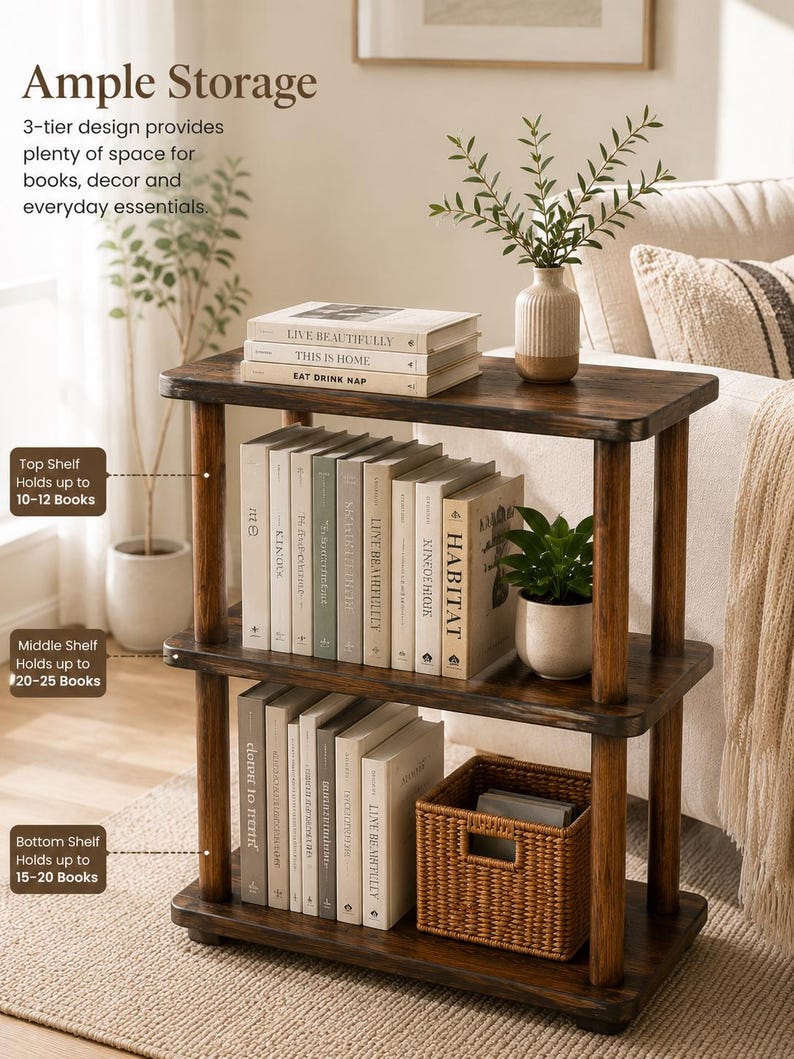 May include: A three-tier wooden bookshelf with a dark brown finish. The top shelf holds three books and a vase with greenery. The middle shelf contains several books and a small potted plant. The bottom shelf holds books and a woven basket.