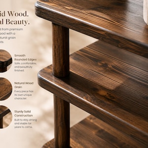May include: A multi-tiered dark brown solid wood shelving unit with rounded edges and a visible natural grain. The text on the image reads: Solid Wood. Real Beauty. Crafted from premium solid wood with a rich, natural grain that lasts.