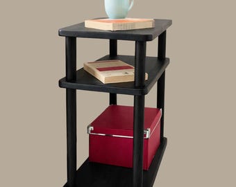 3-Tier Black Coffee Table Narrow, Wood Side Table 10 inch, Bedside Table with Storage, Livingroom Table for Apartment, Slim, Low, Tall