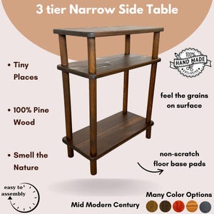 Slim 3 Tier Wood End Table, 10 Inch Narrow Bedside or Sofa Table for Small Spaces, Tall and Thin Nightstand with Storage Shelf