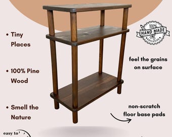 Slim 3 Tier Wood End Table, Armchair 10 Inch Narrow Bedside or Sofa Table for Small Spaces, Tall and Thin Nightstand with Storage Shelf