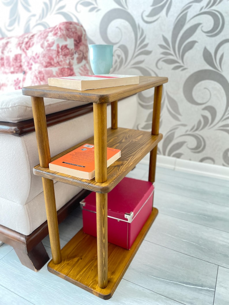 Small Places Natural Real Wood Narrow Side Table for Couch Living Room, 3 tier Bed Side Table for Nightstand for Books, Glass 10" width image 6