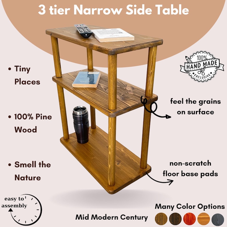 Small Places Natural Real Wood Narrow Side Table for Couch Living Room, 3 tier Bed Side Table for Nightstand for Books, Glass 10" width image 16