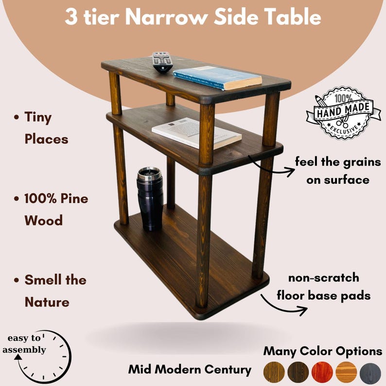 Small Places Natural Real Wood Narrow Side Table for Couch Living Room, 3 tier Bed Side Table for Nightstand for Books, Glass 10" width image 9