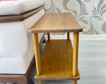 Lage bijzettafel bank met opbergruimte, massief houten bank lage bijzettafel, smalle plank woonkamer