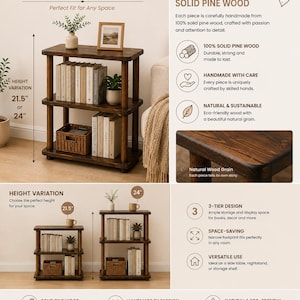 May include: A three-tier dark brown solid pine wood shelf unit with rounded corners. The unit is available in two heights, 21.5 inches or 24 inches. It features three horizontal shelves supported by four cylindrical legs, providing storage for books and decor.