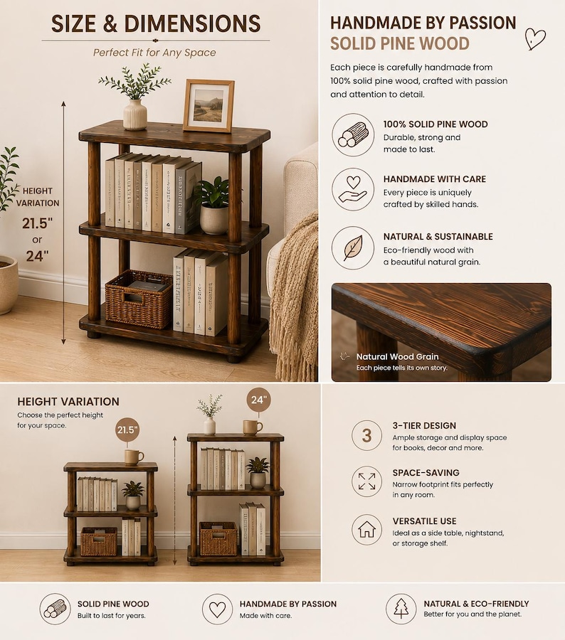 May include: A three-tier dark brown solid pine wood shelf unit with rounded corners. The unit is available in two heights, 21.5 inches or 24 inches. It features three horizontal shelves supported by four cylindrical legs, providing storage for books and decor.