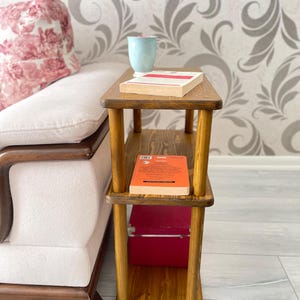 Small Places Natural Real Wood Narrow Side Table for Couch Living Room, 3 tier Bed Side Table for Nightstand for Books, Glass 10" width image 12