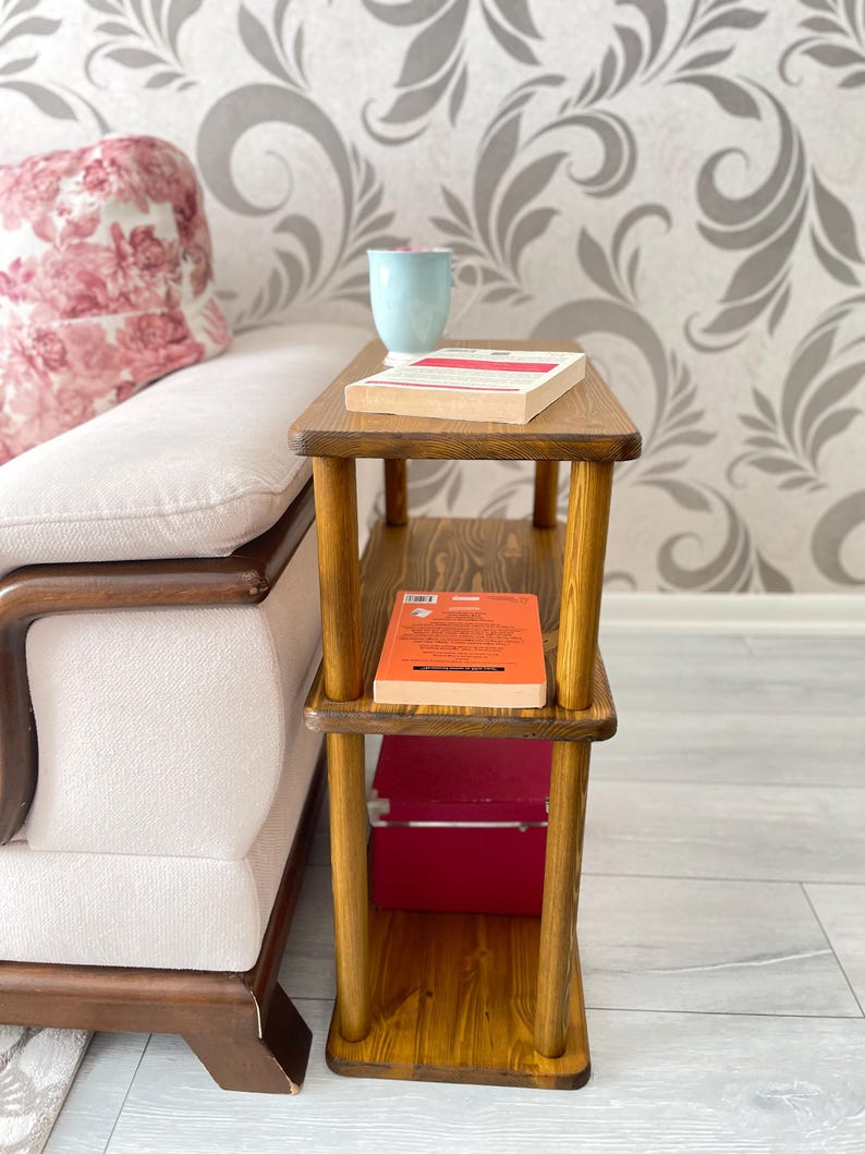 Small Places Natural Real Wood Narrow Side Table for Couch Living Room, 3 tier Bed Side Table for Nightstand for Books, Glass 10" width image 12