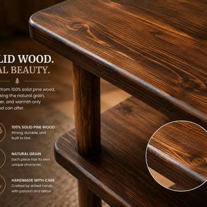 May include: A dark brown solid pine wood table with a visible natural grain pattern. The text on the image reads: SOLID WOOD. REAL BEAUTY. Crafted from 100% solid pine wood, showcasing the natural grain, character, and warmth. 100% SOLID PINE WOOD. NATURAL GRAIN. HANDMADE WITH CARE.