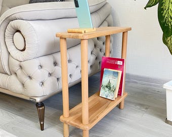 Beech Wood Slim Side Table, Living Room Reading Corner Narrow Table