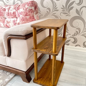 Small Places Natural Real Wood Narrow Side Table for Couch Living Room, 3 tier Bed Side Table for Nightstand for Books, Glass 10" width image 13