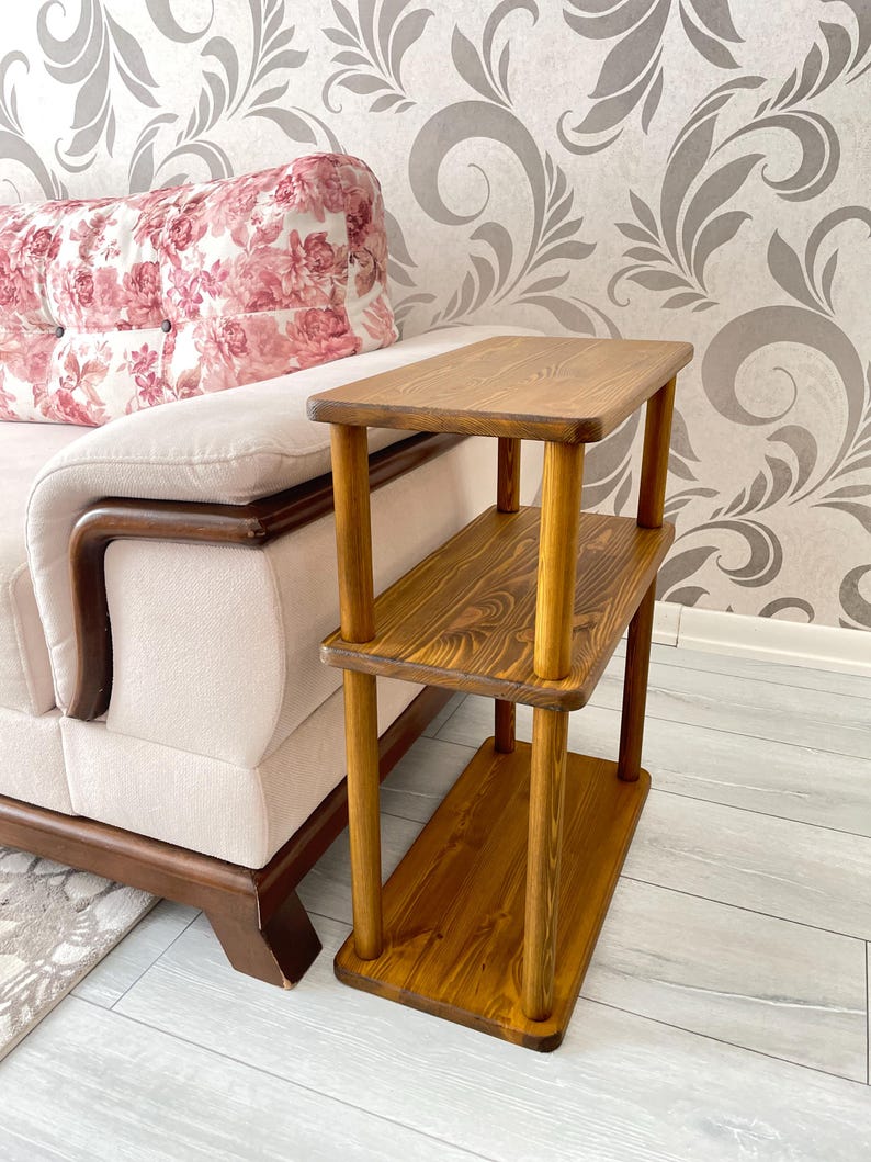 Small Places Natural Real Wood Narrow Side Table for Couch Living Room, 3 tier Bed Side Table for Nightstand for Books, Glass 10" width image 13